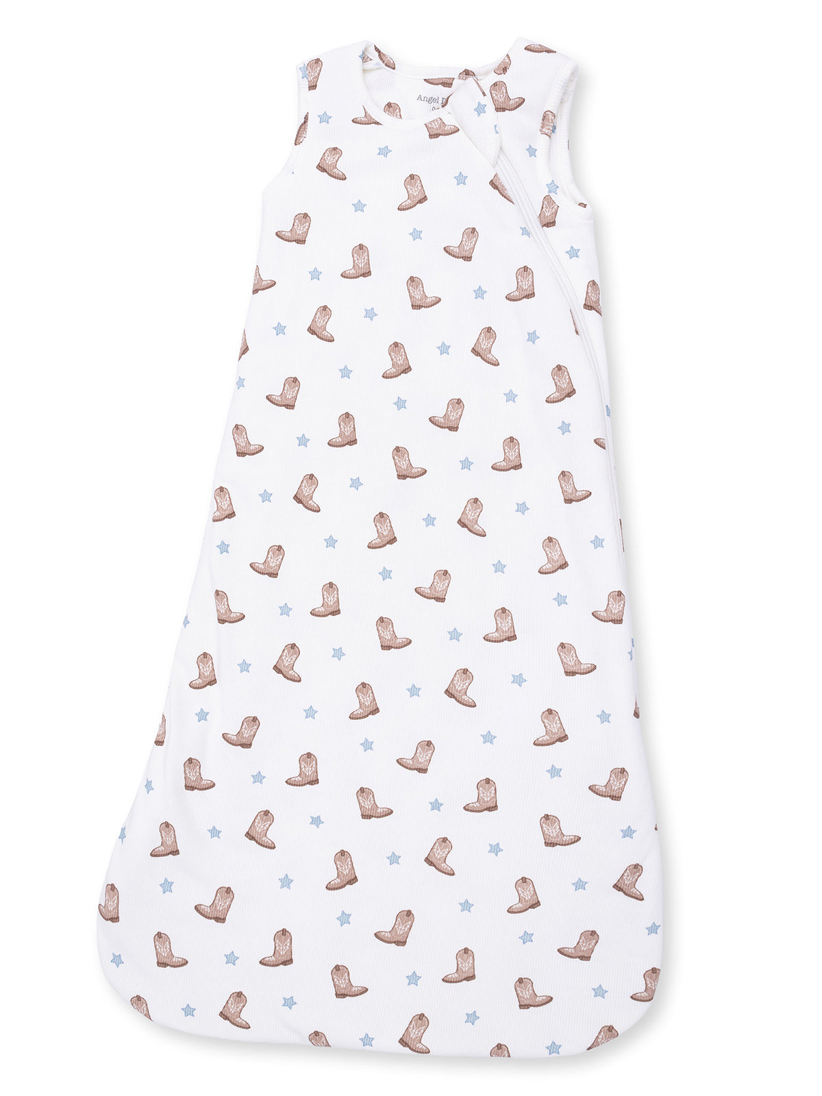 White sleeping bag with cowboy boot and star patterns for infants.