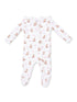 White baby onesie with boot and bow patterns, featuring zip closure and long sleeves.