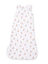 White baby sleep sack with a pattern of brown boots and pink bows. Soft and cozy for infants.