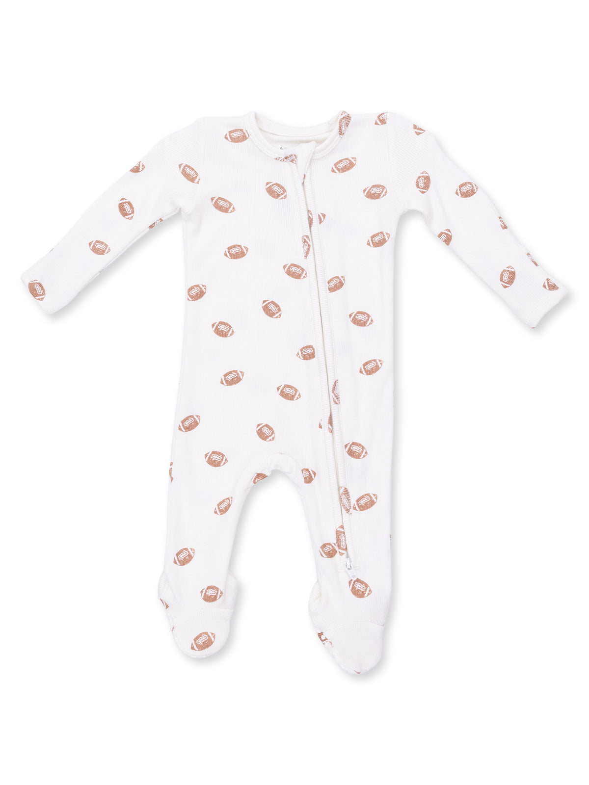 White infant onesie with football prints, featuring a front zipper and long sleeves.