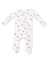 White infant onesie with football prints, featuring a front zipper and long sleeves.