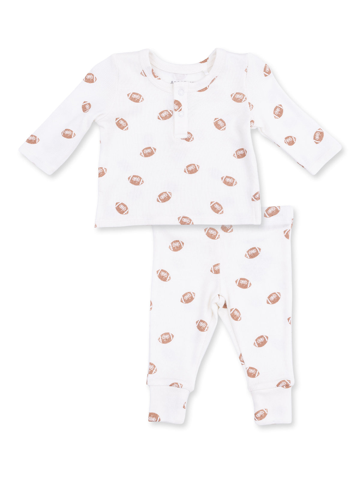 White baby outfit featuring a long-sleeve top and pants with a football print.
