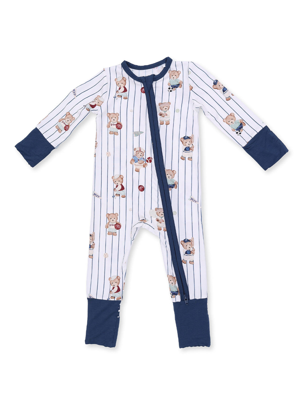 Children's striped onesie featuring cute bear illustrations engaged in sports activities, with a front zipper closure.