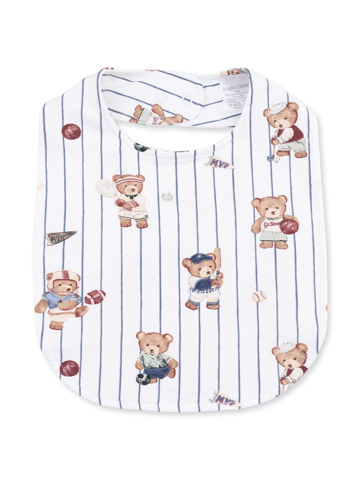 White bib with playful bear illustrations in sports attire on blue striped background. Perfect for babies.