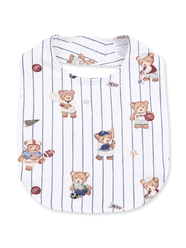 White bib with playful bear illustrations in sports attire on blue striped background. Perfect for babies.
