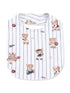 White bib with playful bear illustrations in sports attire on blue striped background. Perfect for babies.