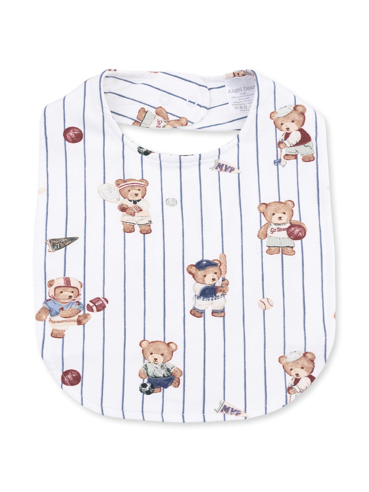 White bib with playful bear illustrations in sports attire on blue striped background. Perfect for babies.