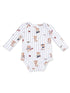 Long-sleeve infant onesie featuring playful teddy bear prints and vertical stripes in white and blue.