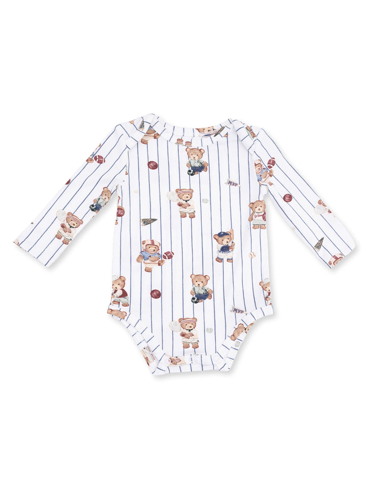 Long-sleeve infant onesie featuring playful teddy bear prints and vertical stripes in white and blue.
