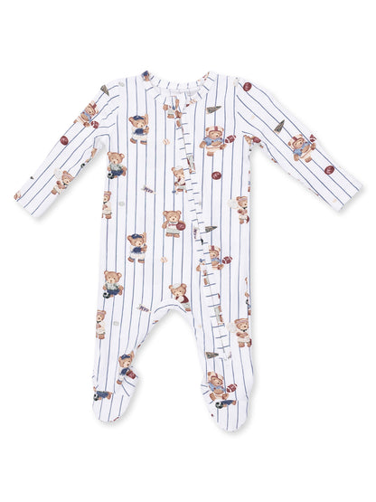 White baby onesie with blue stripes and teddy bear prints, featuring footed design and front snap closure.