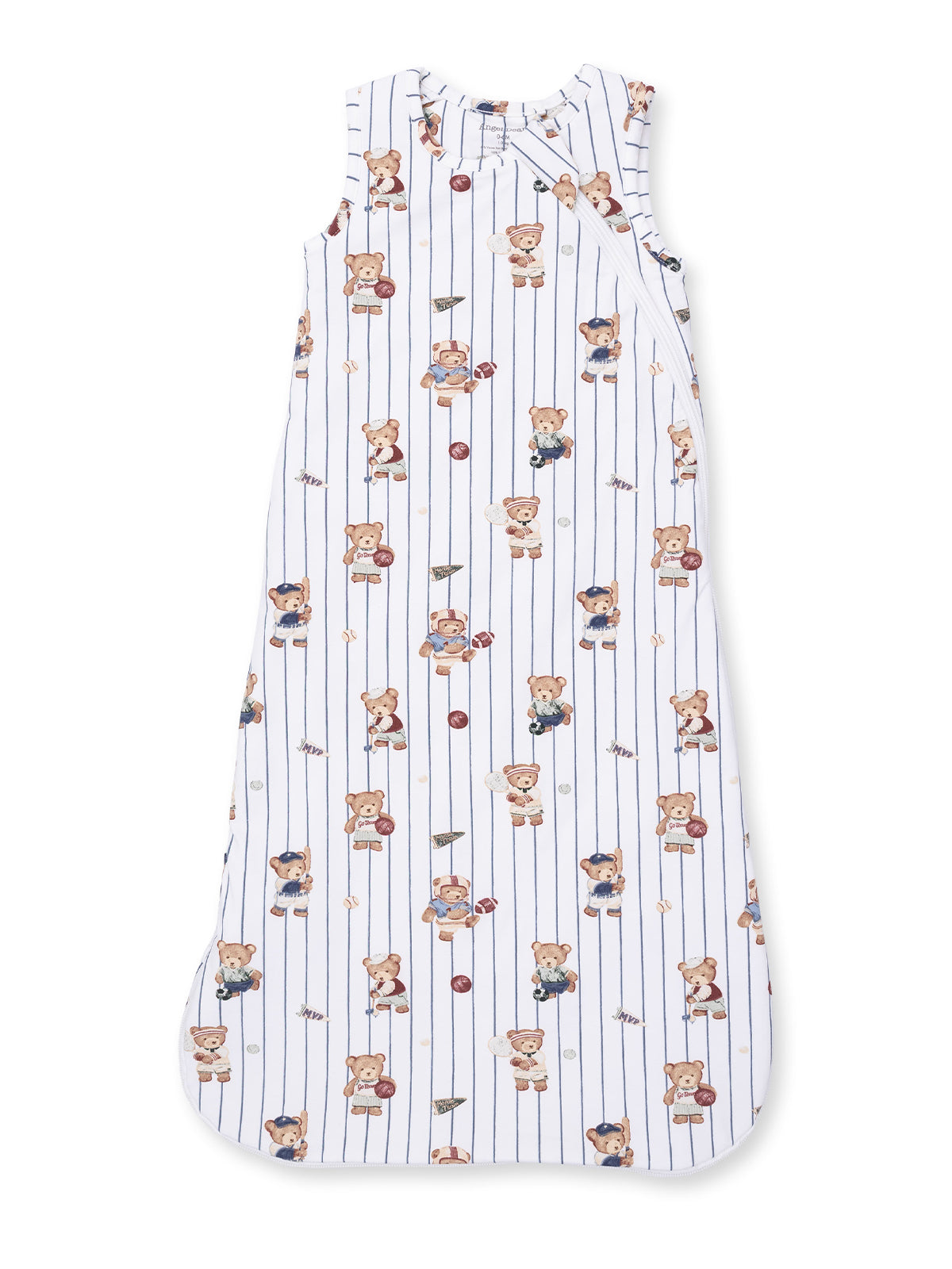 Children's sleep sack featuring playful teddy bears and a striped design, ideal for cozy bedtime.
