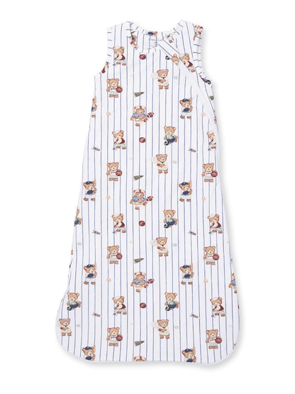 Children's sleep sack featuring playful teddy bears and a striped design, ideal for cozy bedtime.