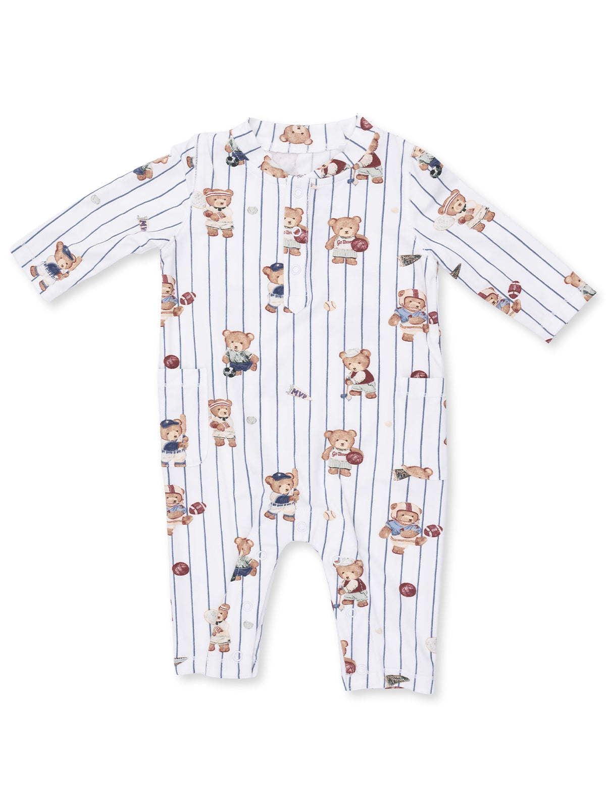 Striped onesie for infants featuring playful teddy bears in various outfits and sports themes.