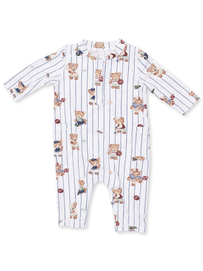 Striped onesie for infants featuring playful teddy bears in various outfits and sports themes.