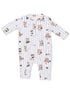 Striped onesie for infants featuring playful teddy bears in various outfits and sports themes.