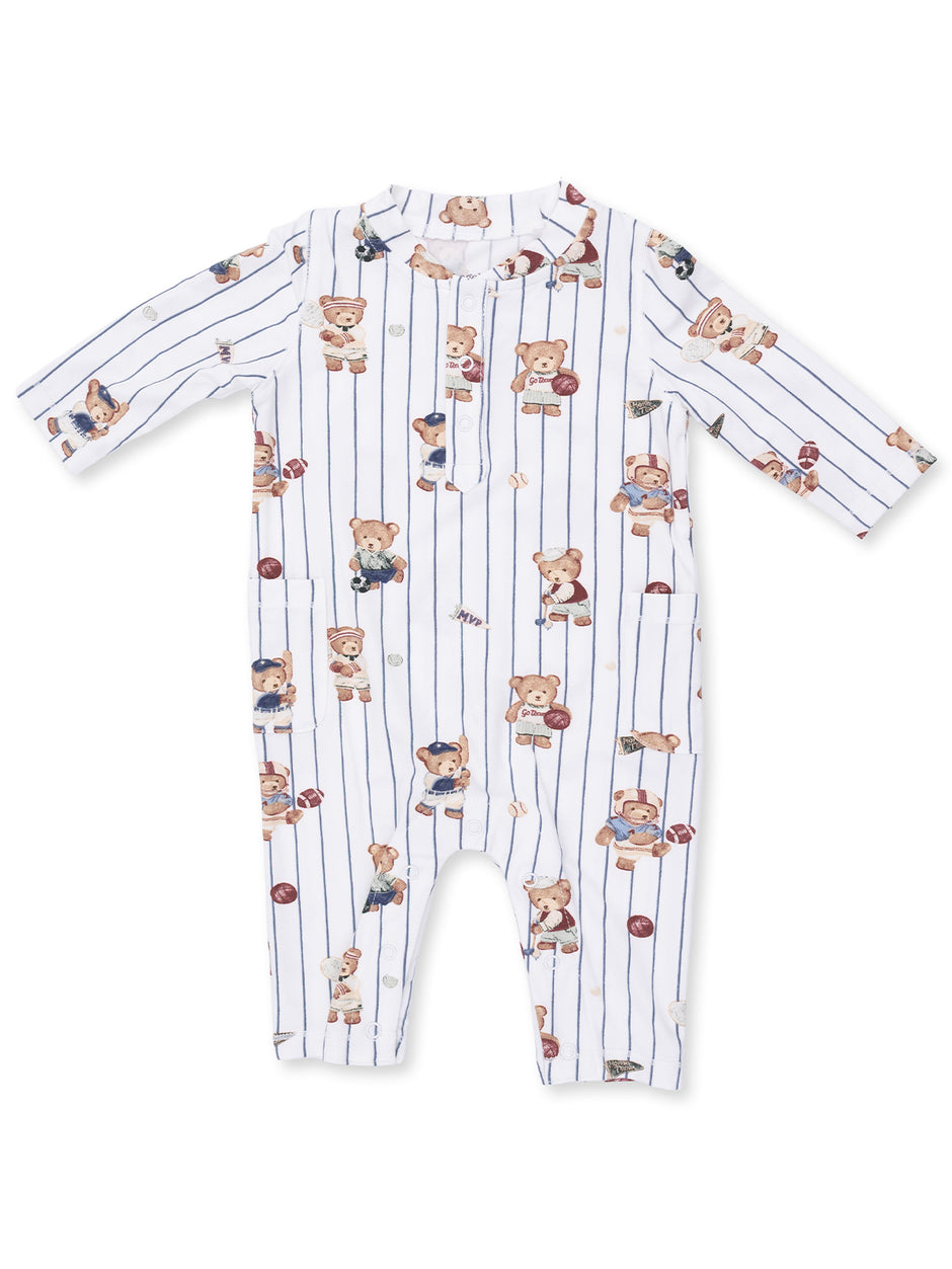 Striped onesie for infants featuring playful teddy bears in various outfits and sports themes.