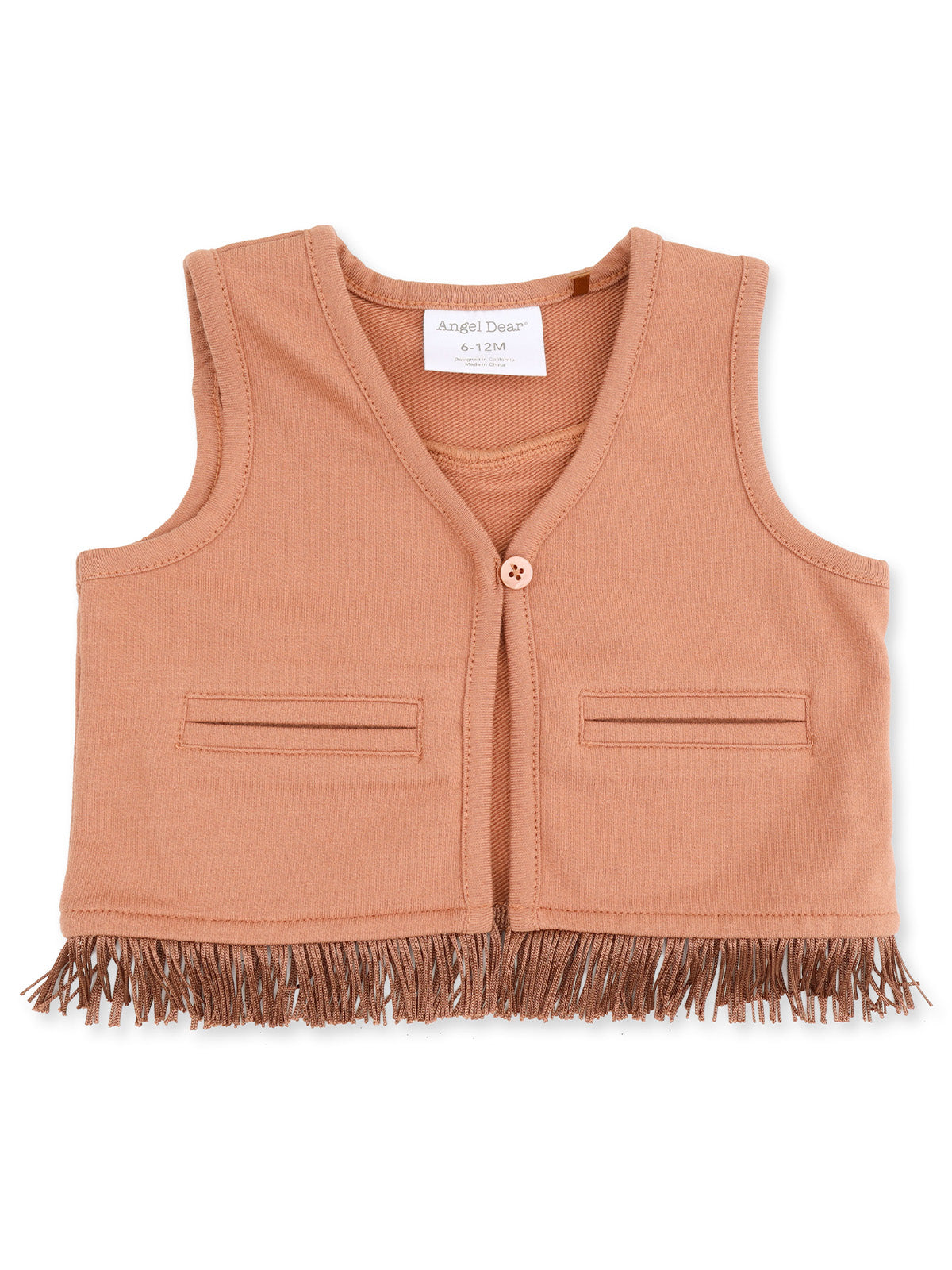 Tan toddler vest with fringed hem and two front pockets, labeled for size 6-12 months.