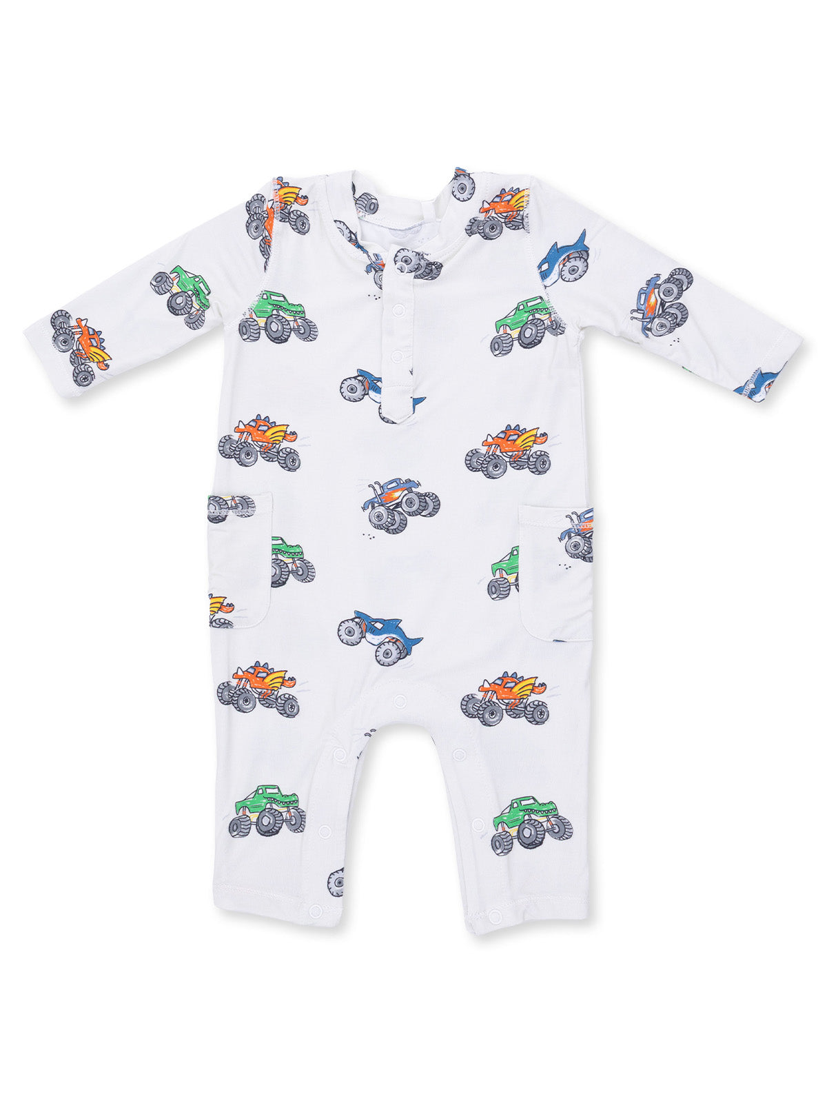 White baby onesie with colorful monster truck patterns. Ideal for playful and comfy wear.