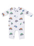 White baby onesie with colorful monster truck patterns. Ideal for playful and comfy wear.