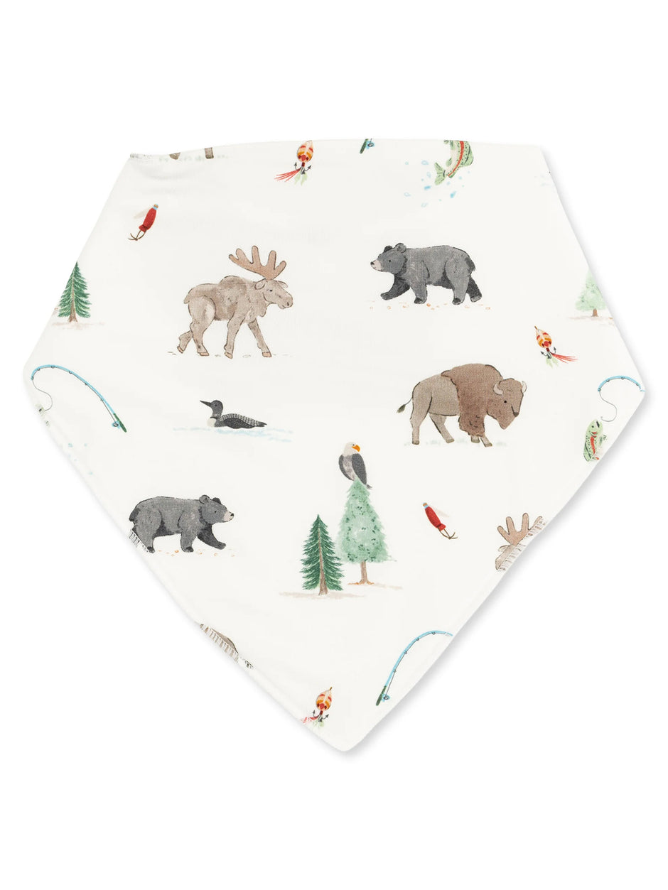 Cute bandana bib featuring illustrations of moose, bears, bison, trees, and birds on a white background.