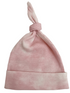 Pink newborn beanie with a knotted top and ribbed texture, ideal for little ones.