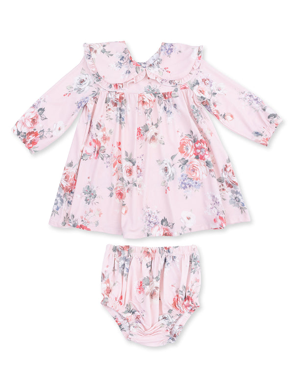 Pink floral baby dress with matching bloomers, featuring long sleeves and a ruffled collar.