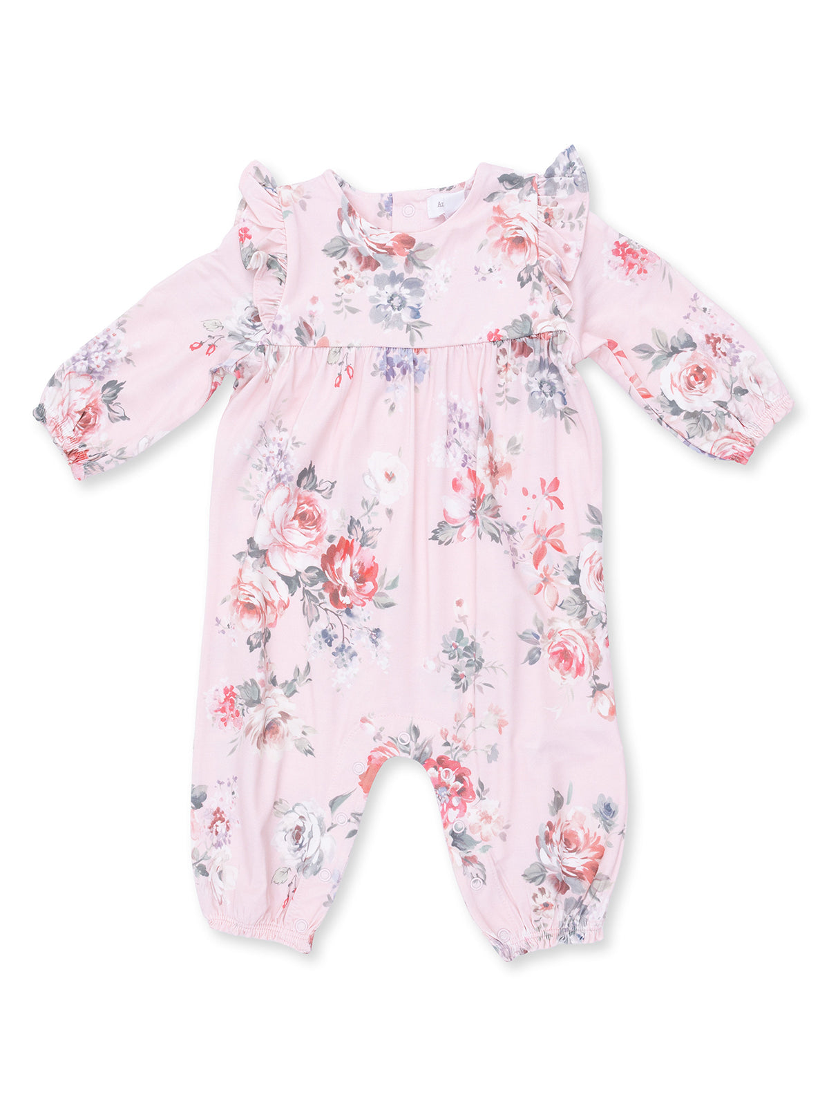 Pink floral baby romper featuring ruffled sleeves and an elasticized bottom for comfort and style.