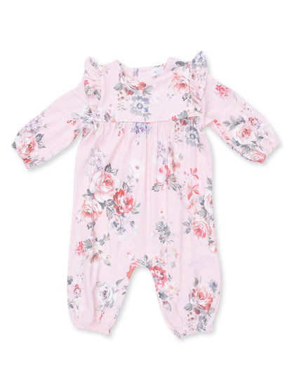 Pink floral baby romper featuring ruffled sleeves and an elasticized bottom for comfort and style.