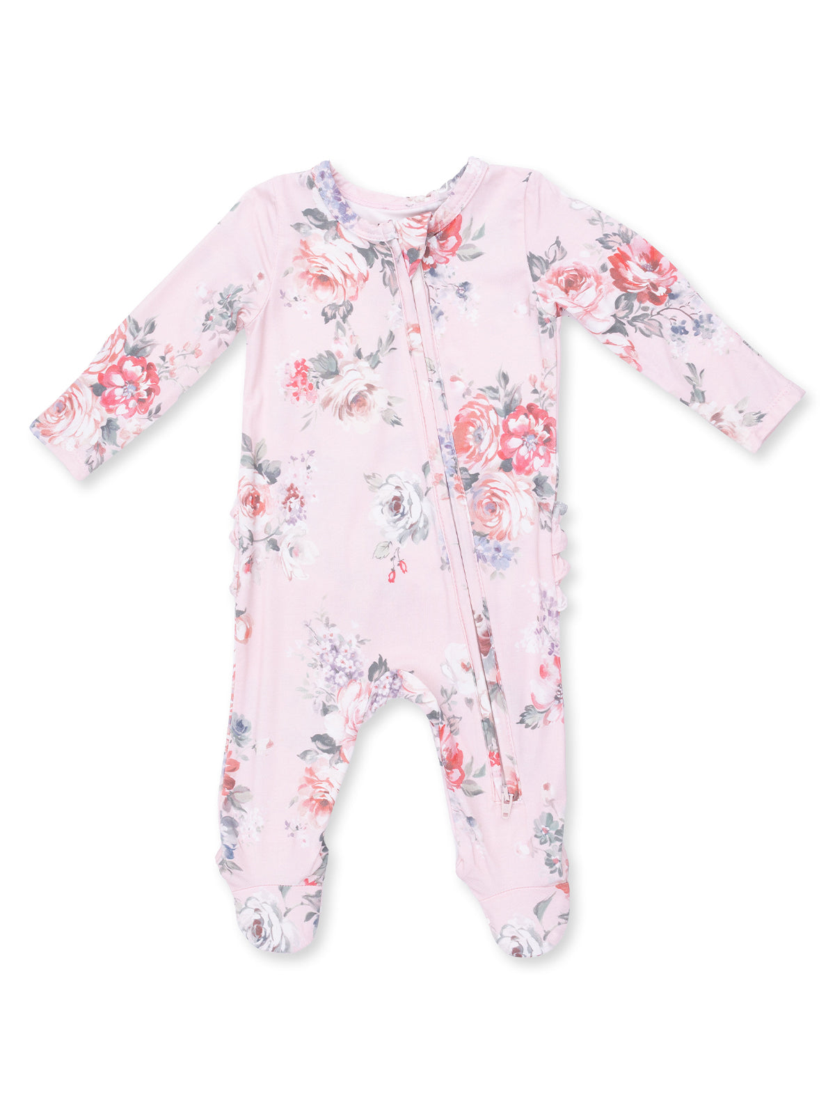 Baby floral onesie in soft pink with long sleeves and a front zipper. Perfect for comfort and style.