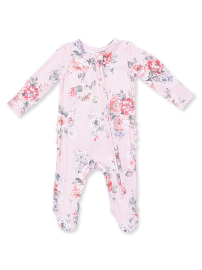Baby floral onesie in soft pink with long sleeves and a front zipper. Perfect for comfort and style.