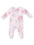Baby floral onesie in soft pink with long sleeves and a front zipper. Perfect for comfort and style.