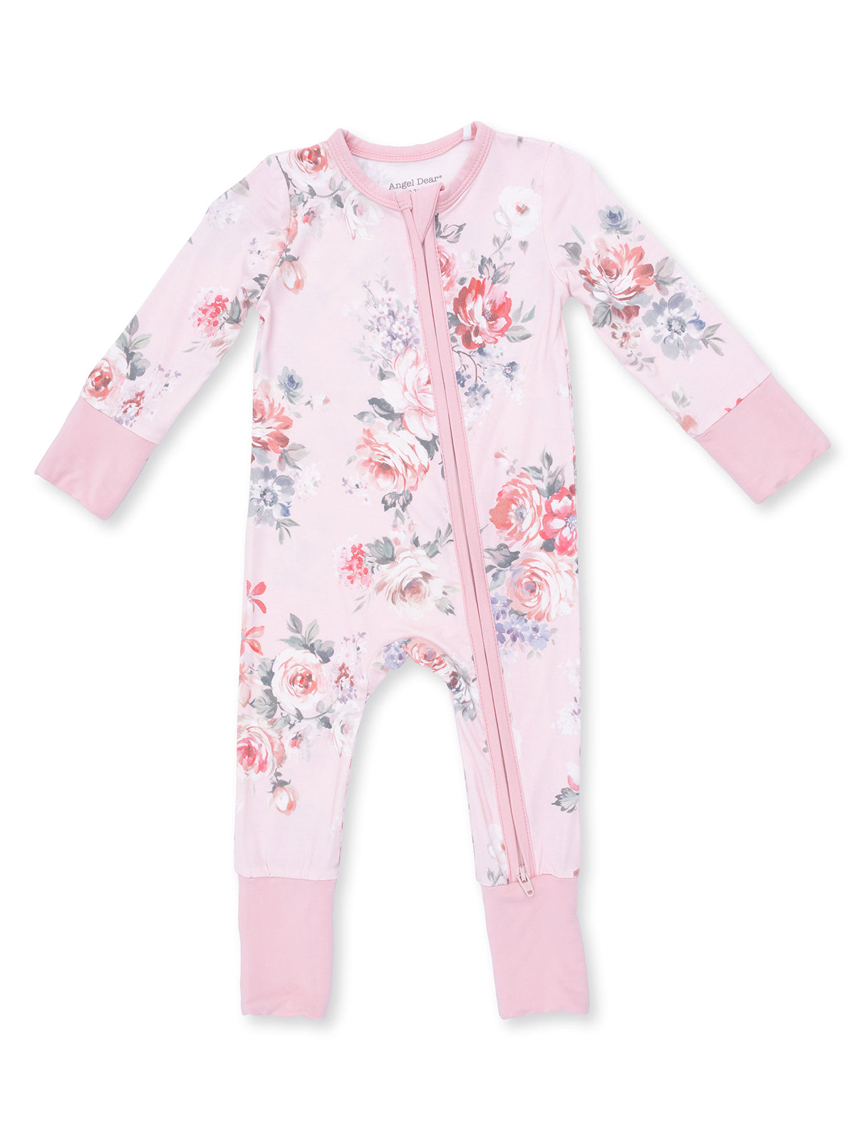 Floral pink baby onesie with zipper and long sleeves, featuring a delicate rose pattern.