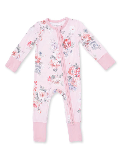 Floral pink baby onesie with zipper and long sleeves, featuring a delicate rose pattern.