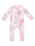 Floral pink baby onesie with zipper and long sleeves, featuring a delicate rose pattern.