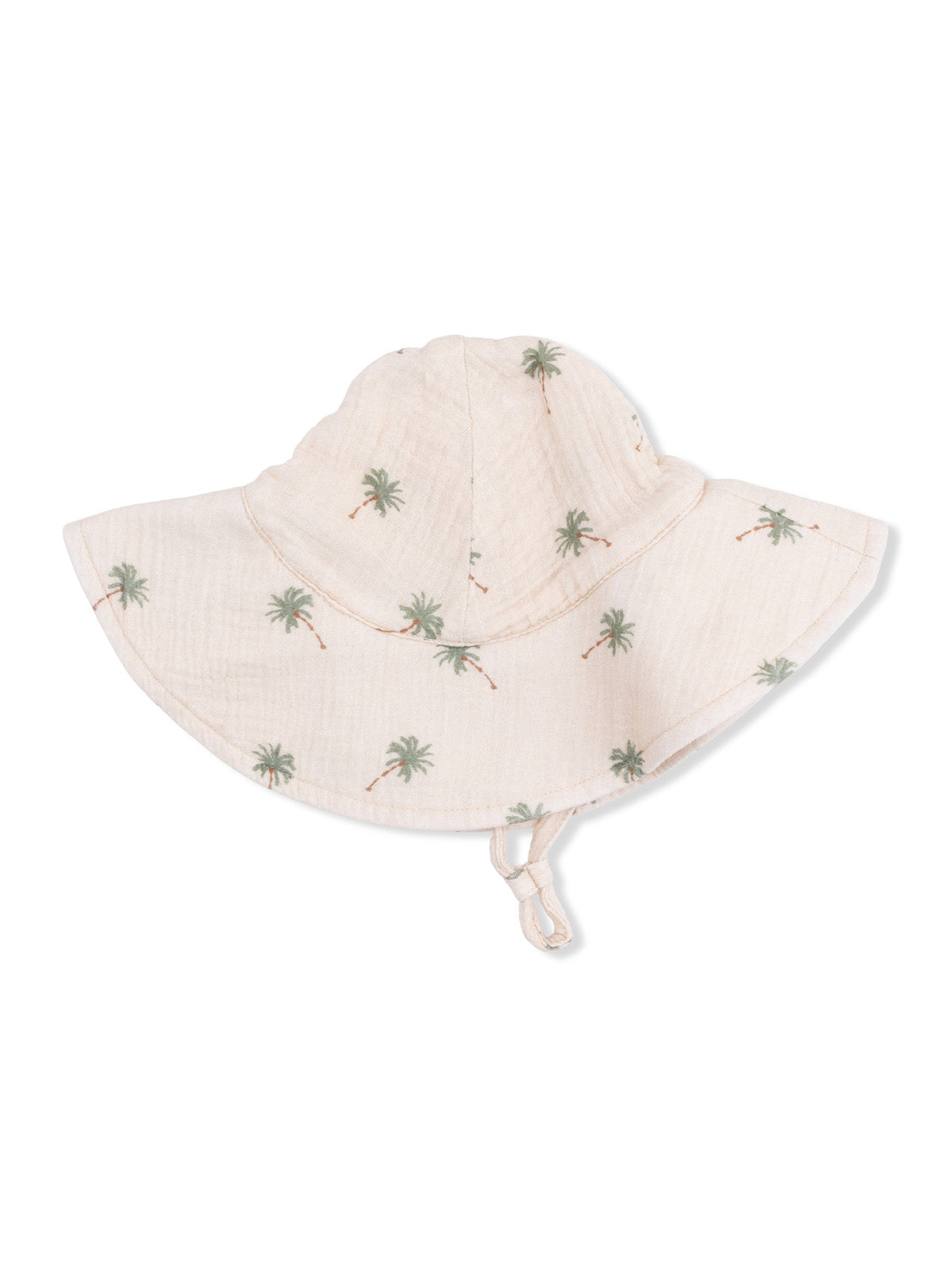 Beige sun hat with a wide brim and green palm tree pattern, ideal for outdoor activities and sun protection.