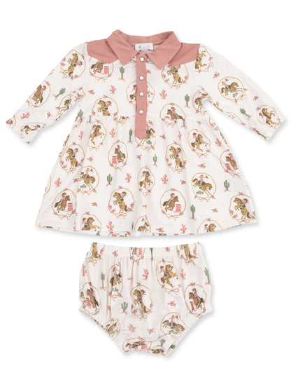 Toddler dress set with floral cowboy print, featuring a pink collar and matching bloomers.