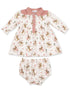 Toddler dress set with floral cowboy print, featuring a pink collar and matching bloomers.