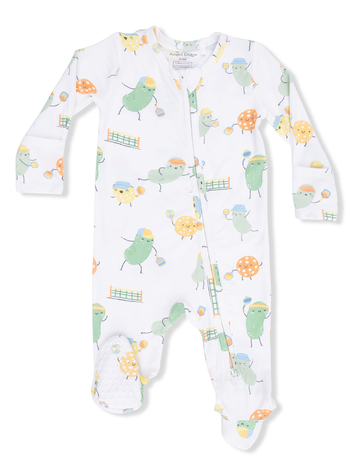 White baby onesie featuring playful vegetable characters with fun accessories, perfect for infants.