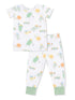 Children’s pajamas featuring playful colorful birds and treats on a white background with green accents.