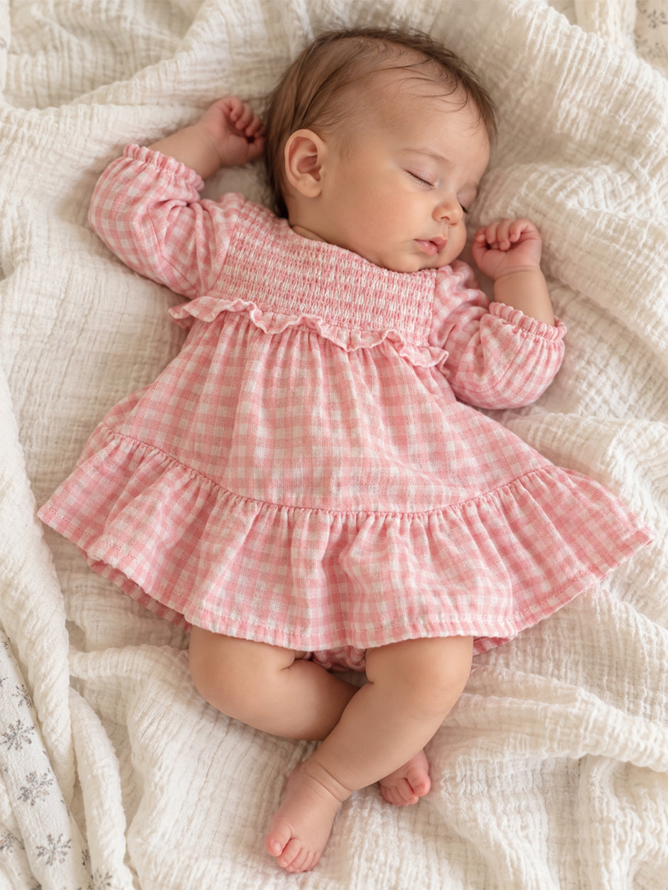 Smocked Ruffle Tiered Dress & Bloomer, Pink Gingham