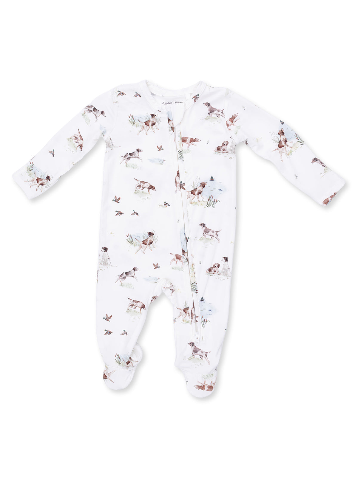 White baby onesie with dog and bird prints, featuring long sleeves and zipper closure. Perfect for comfort and style.
