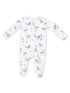 White baby onesie with dog and bird prints, featuring long sleeves and zipper closure. Perfect for comfort and style.