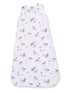 Baby sleep sack featuring a playful dog and nature print on a soft pink background. Ideal for comfort and safety.