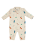 Beige baby onesie with golf-themed patterns, featuring clubs, balls, and greens. Ideal for young golf enthusiasts.