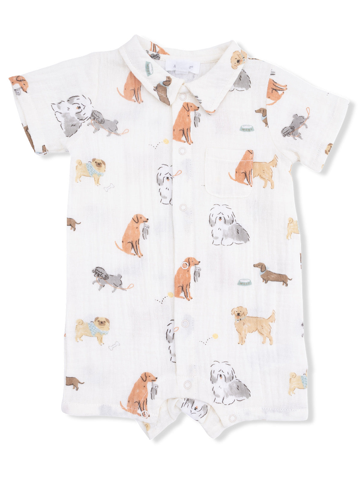 Lightweight children's romper featuring various dog illustrations in a playful pattern. Perfect for casual wear.