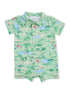 Green short-sleeve romper with playful animal and palm tree patterns, featuring a collared neck and front buttons.