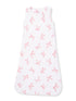 White sleeveless sleep sack with pink bows pattern for babies.