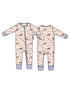 Baby onesie featuring a playful animal pattern, with front zipper and purple cuffs. Front and back view shown.
