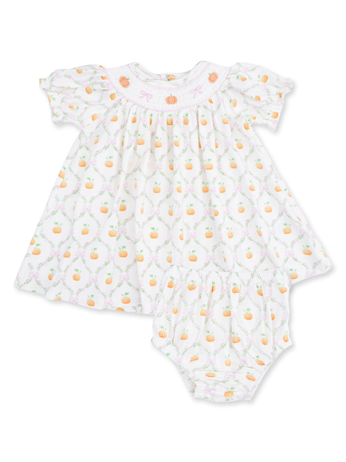 White toddler dress with floral pumpkin print, featuring short sleeves and matching bloomers.