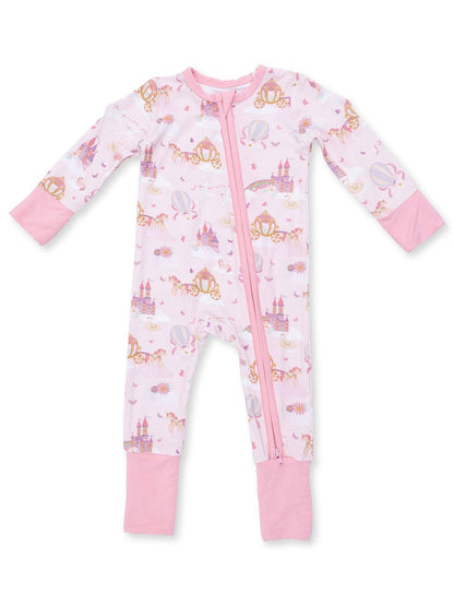 Pink infant onesie with fairy tale designs, featuring castles, unicorns, and hot air balloons.
